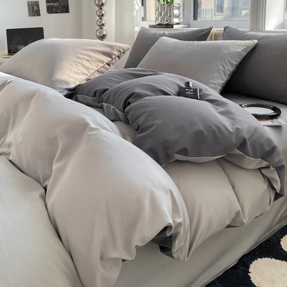Ins Style Solid Color Duvet Cover Set Washed Cotton Bedclothes Comforter Cover Pillowcase Soft Bedding Sets Quilt Covers 220x240 GODSIGN