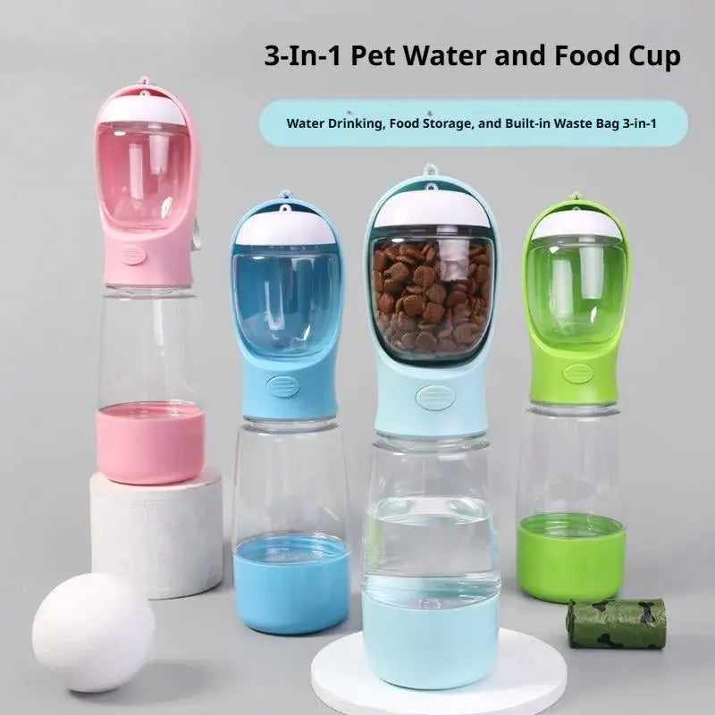 4-in-1 Dog Water Bottle & Food Container Portable Pet Feeder with Waste Bag Dispenser Leak-Proof Travel Mug for Outdoor Walking GODSIGN