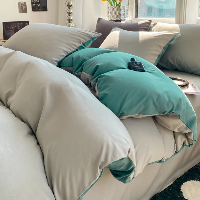 Ins Style Solid Color Duvet Cover Set Washed Cotton Bedclothes Comforter Cover Pillowcase Soft Bedding Sets Quilt Covers 220x240 GODSIGN