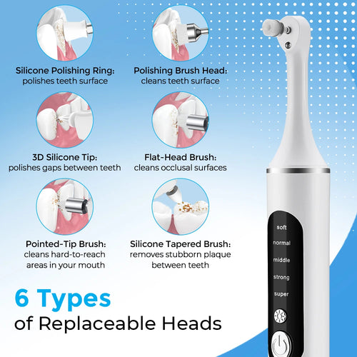 Electric Tooth Polisher Teeth Whitening Cleaner 5 Speed Modes with 6 Brush Heads LED Light Plaque Dental Tartar Remover GODSIGN