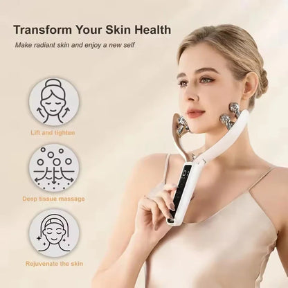 Facial and neck massager, microcurrent V-shaped lifting roller, red and blue light therapy, facial slimming vibration device GODSIGN