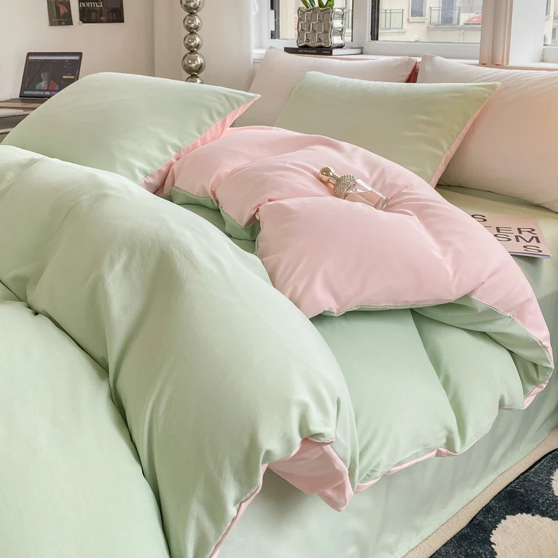 Ins Style Solid Color Duvet Cover Set Washed Cotton Bedclothes Comforter Cover Pillowcase Soft Bedding Sets Quilt Covers 220x240 GODSIGN