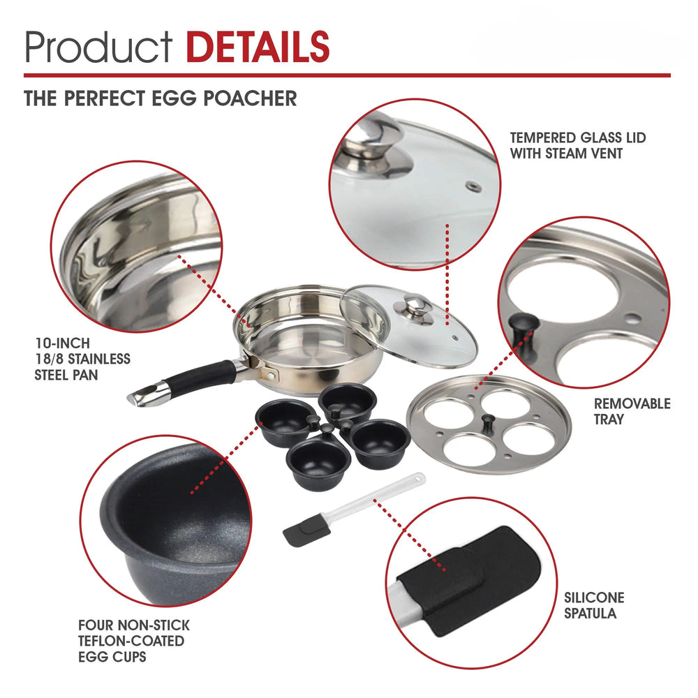 Egg Poacher Pan Stainless Steel Poached Egg Maker with 6 Nonstick Silicone Egg Poacher Cup and Spatula for Breakfast Steamed Egg GODSIGN