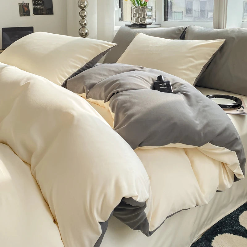 Ins Style Solid Color Duvet Cover Set Washed Cotton Bedclothes Comforter Cover Pillowcase Soft Bedding Sets Quilt Covers 220x240 GODSIGN