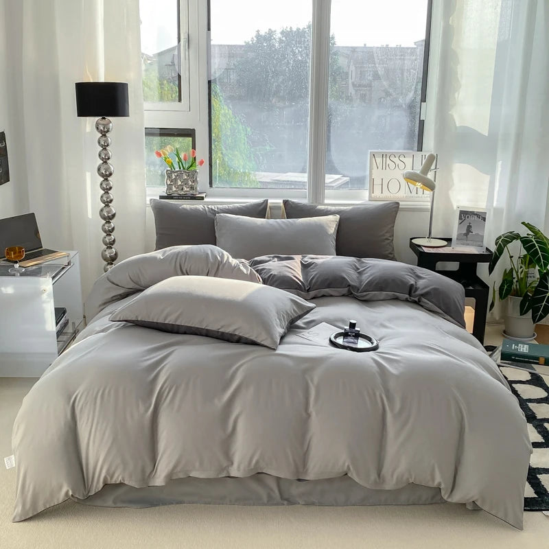 Ins Style Solid Color Duvet Cover Set Washed Cotton Bedclothes Comforter Cover Pillowcase Soft Bedding Sets Quilt Covers 220x240 GODSIGN