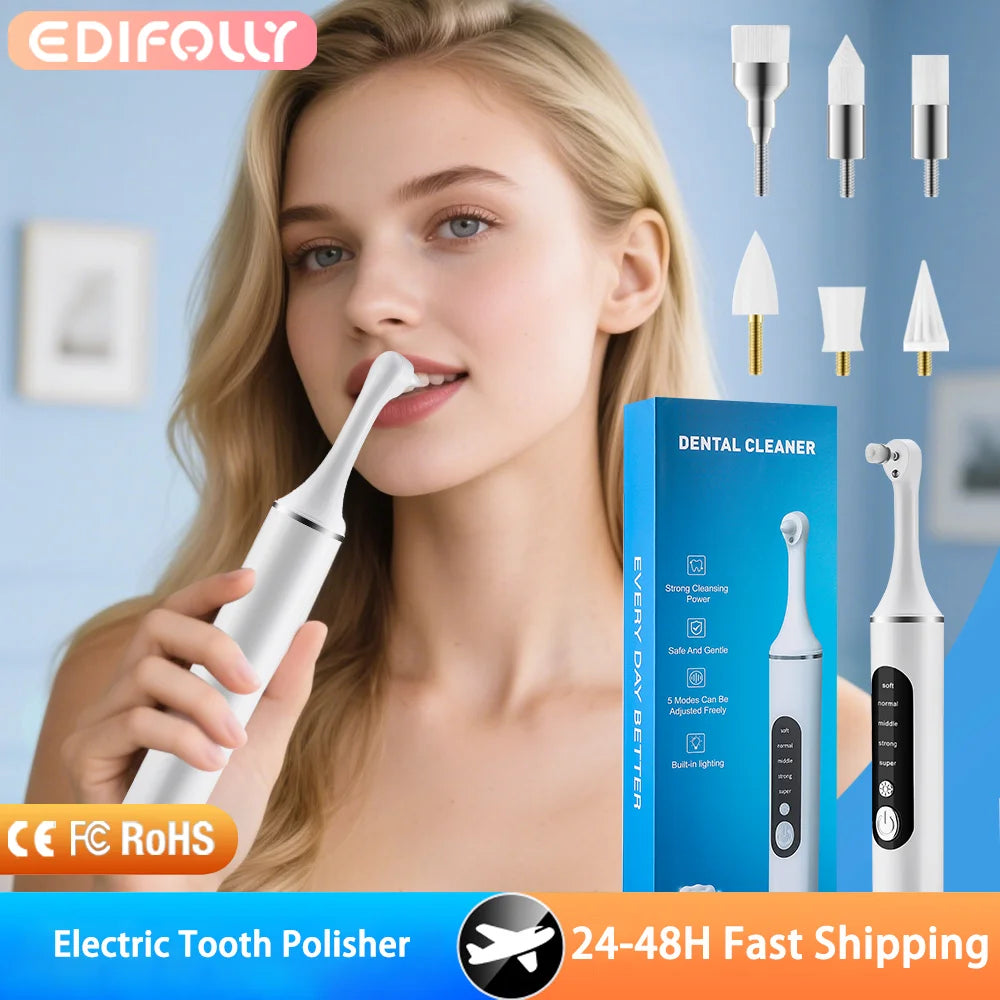 Electric Tooth Polisher Teeth Whitening Cleaner 5 Speed Modes with 6 Brush Heads LED Light Plaque Dental Tartar Remover GODSIGN
