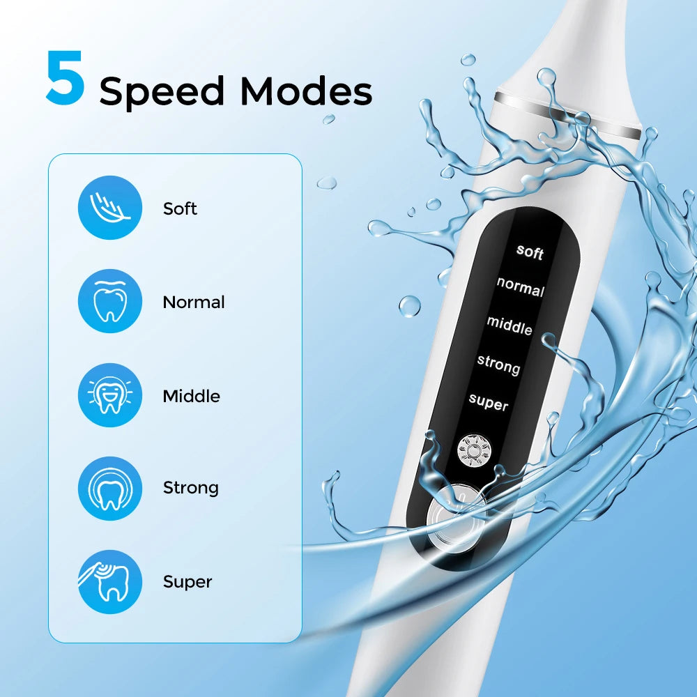 Electric Tooth Polisher Teeth Whitening Cleaner 5 Speed Modes with 6 Brush Heads LED Light Plaque Dental Tartar Remover GODSIGN